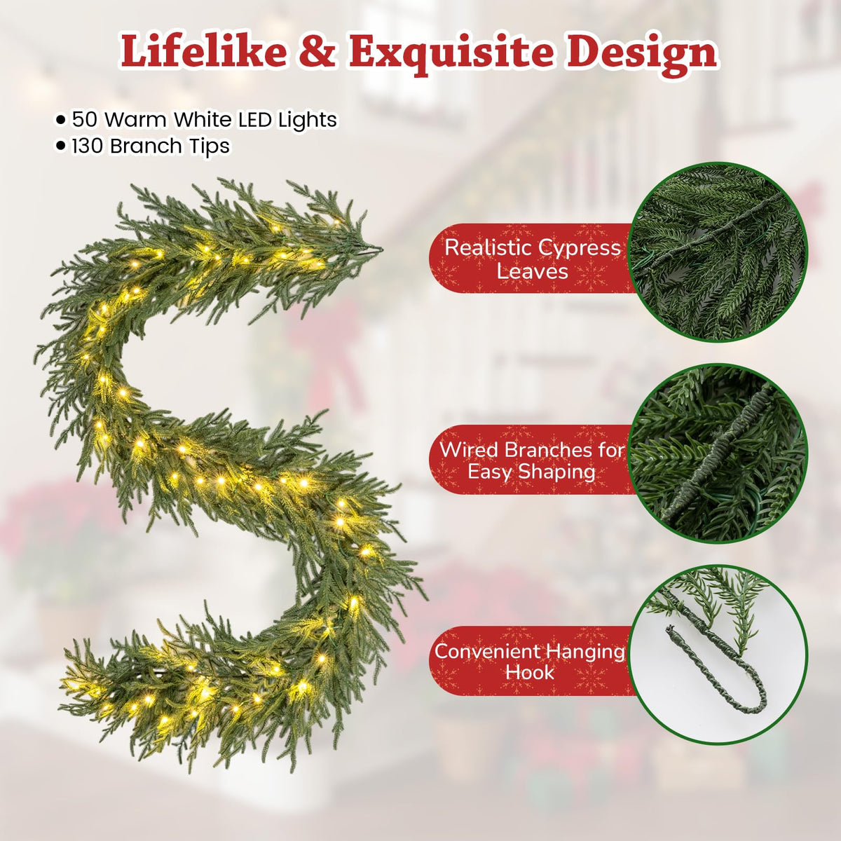 9 FT Pre-lit Artificial Cypress Christmas Garland with 50 Warm White LED Lights and 130 Branch Tips