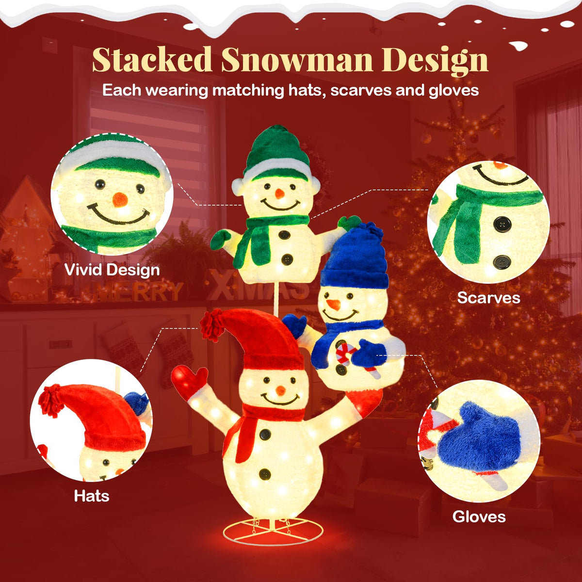 Lucktree 5 FT Christmas Lighted 3 Stacked Snowman Decoration