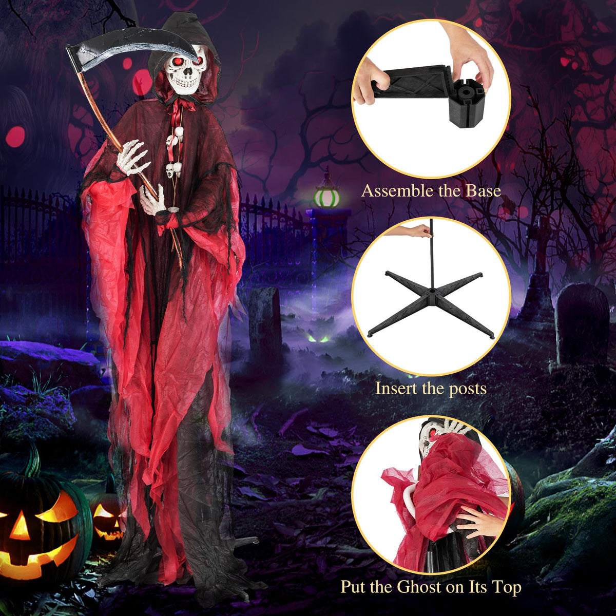 Lucktree 8 Ft Halloween Animatronics, Sound & Touch Activated Grim Reaper with Sickle, Glowing LED Eyes & Scary Voices