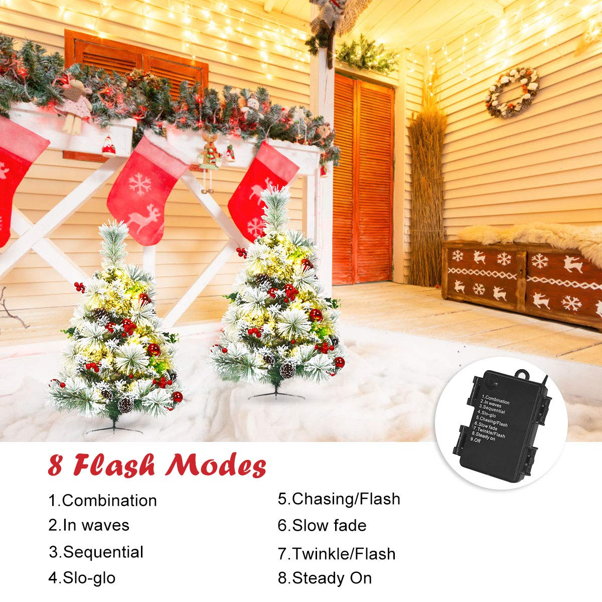 Lucktree 2FT Pathway Christmas Trees Set of 2, Pre-Lit Snow Flocked Xmas Trees with 30 Warm White LED Lights - LucktreeUS