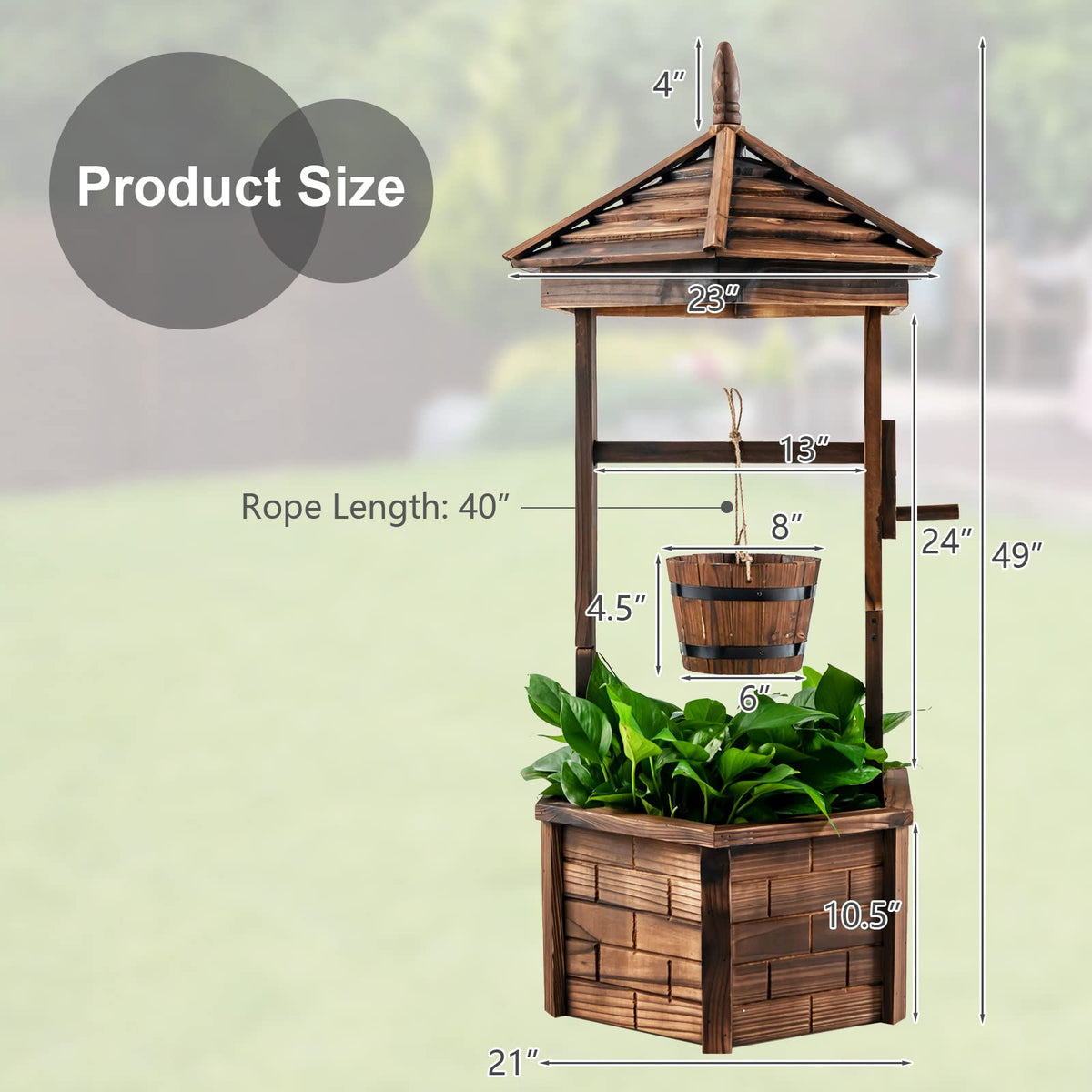 Lucktree Rustic Wooden Wishing Well Planter with Hanging Bucket, Roof Shadow
