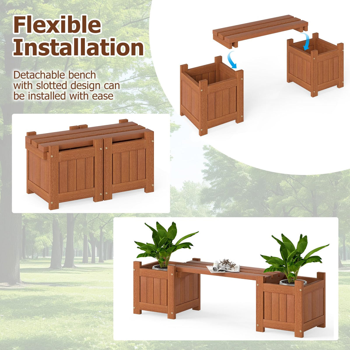 Lucktree 2-in-1 Outdoor Bench with 2/4 Planter Boxes Wood with Teak Oil Finish 42"x11"x11.5"