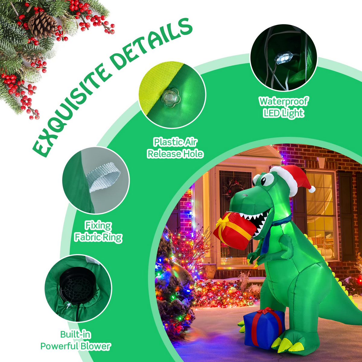 Lucktree 6 FT Christmas Inflatable Dinosaur, Indoor & Outdoor Christmas Decoration