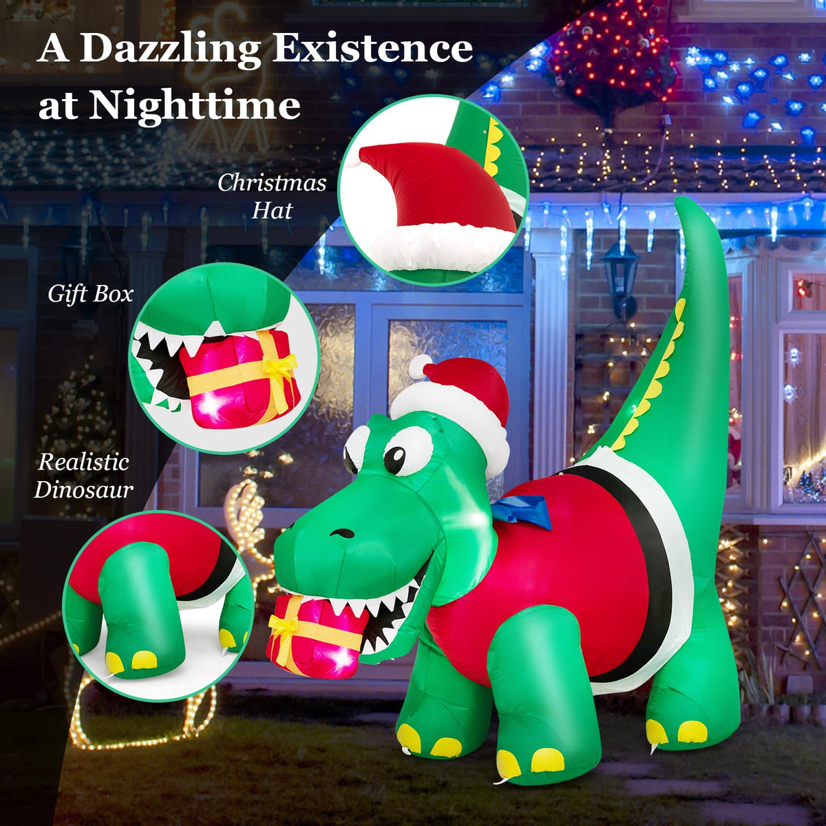 Lucktree 6 FT Lighted Inflatable Christmas Dinosaur Bite a Gift Box