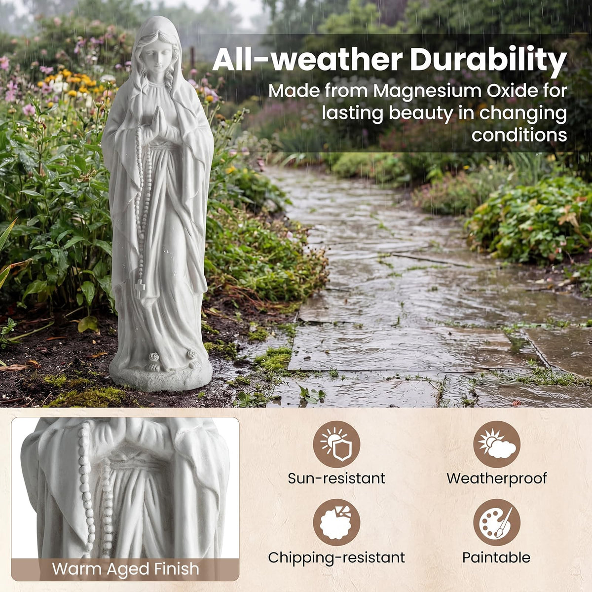 Lucktree Virgin Mary Praying Statue 29.5" | Blessed Mother Outdoor Religious Statue with Rosary Beads