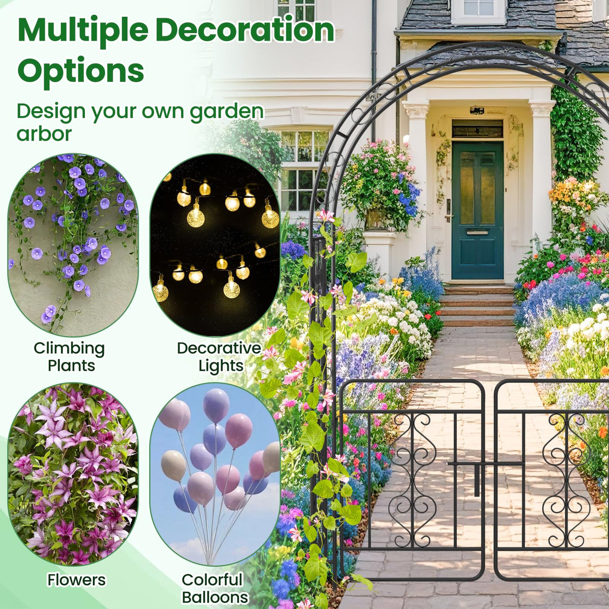 Lucktree Garden Arbor with Gate, 84" H x 54" W Metal Arch Trellis for Climbing Plants Rose Vines