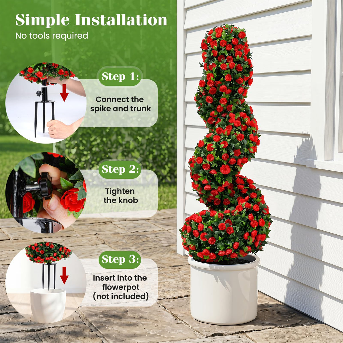 Lucktree 3FT Realistic Fake Rose Bushes Outdoor Faux Plants with Sun Protection & Ground Spikes Set of 2