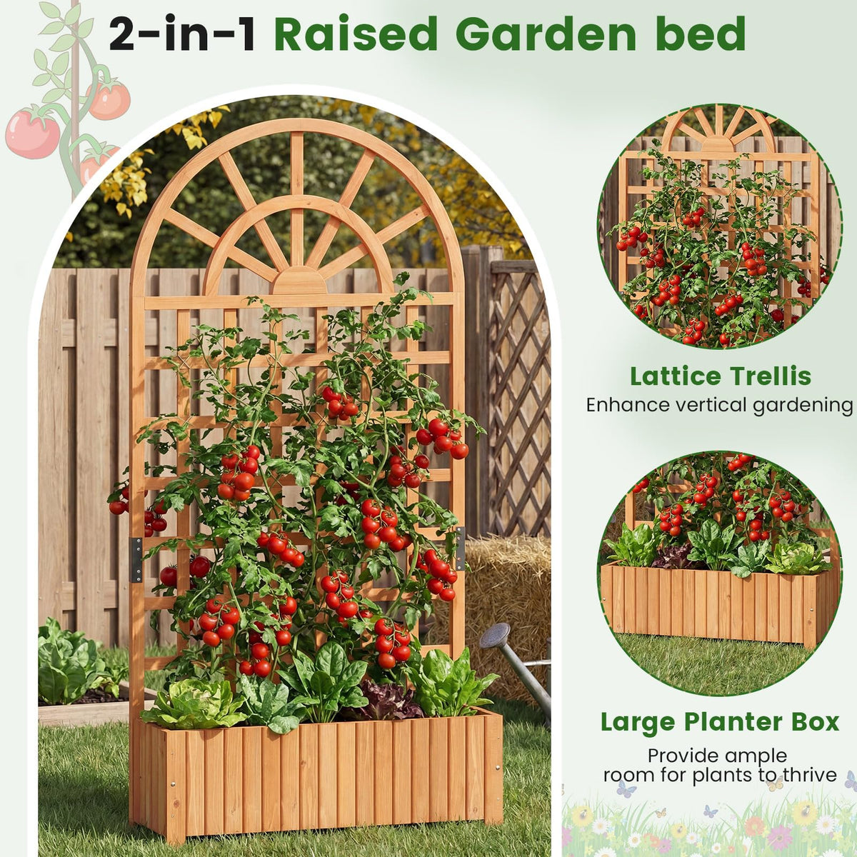 Lucktree Wooden Raised Garden Bed with Trellis 71" Outdoor Planter Box Privacy Screen