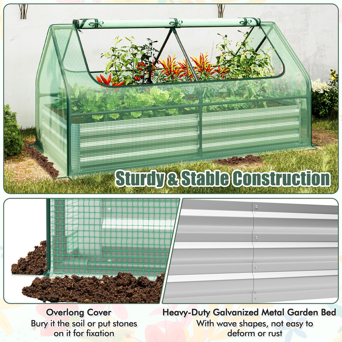 Lucktree Galvanized Steel Raised Garden Bed with Mini Greenhouse, Outdoor Metal Planter Box Kit with Large Roll-up Cover