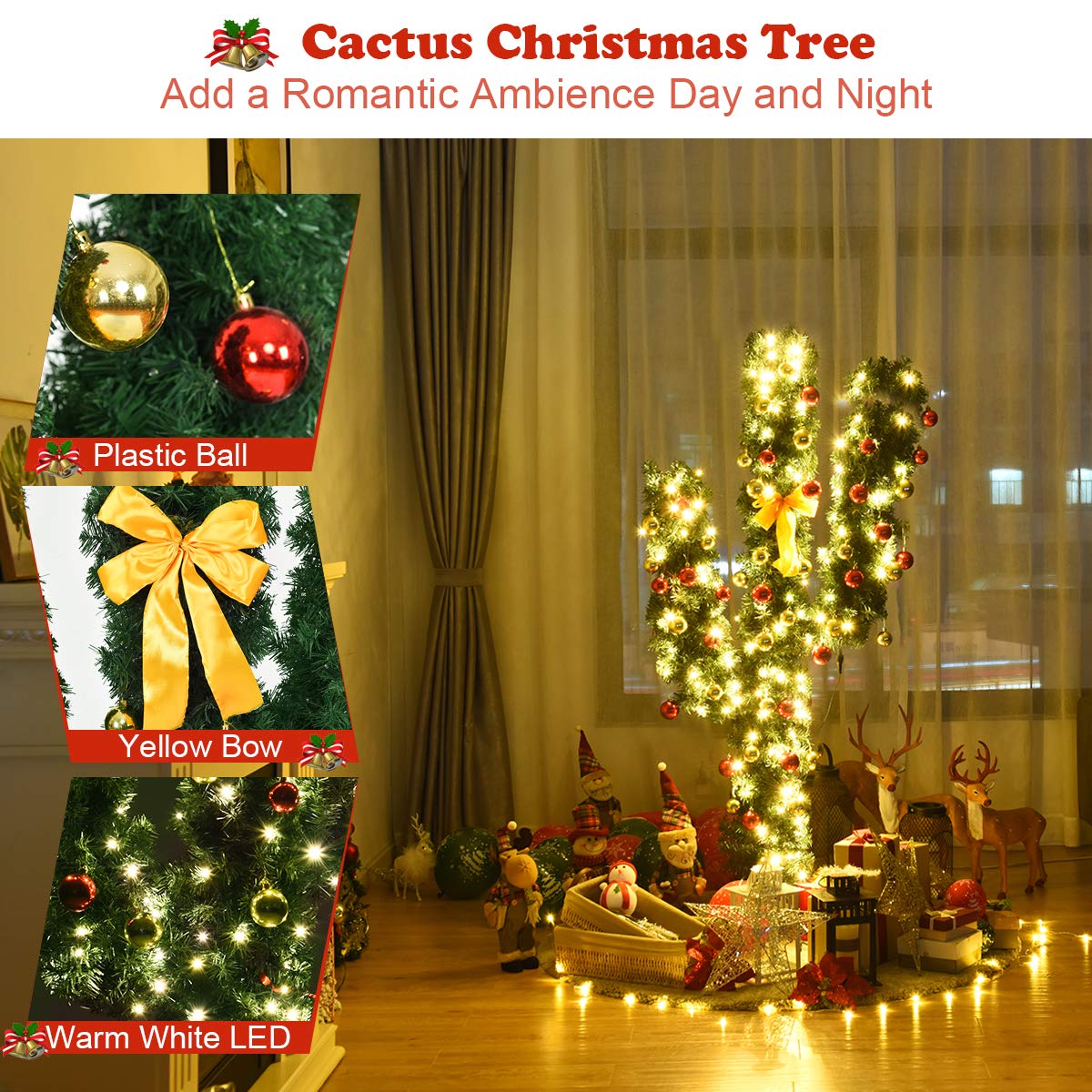 6ft Pre-Lit Artificial Cactus Christmas Tree with Sturdy Metal Stand, Artificial Xmas Tree with 90 LED Lights and Bowknot, Perfect for Home, Office, Shops and Hotels