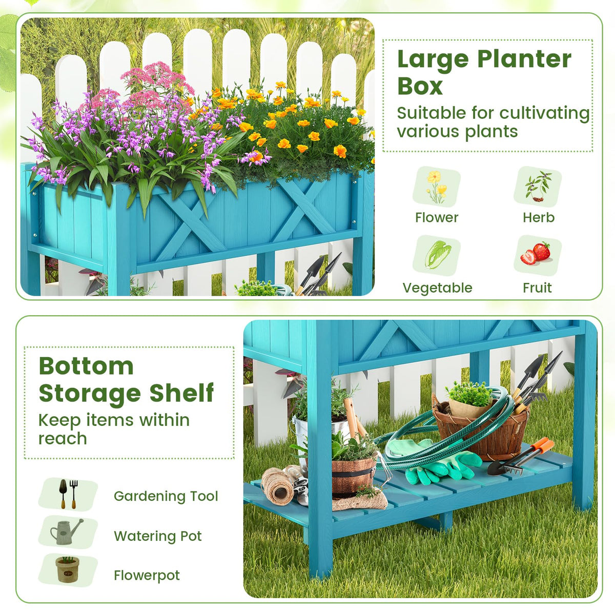 Lucktree HIPS Raised Garden Bed, Elevated Planter Box w/Legs, Storage Shelf, Drain Holes