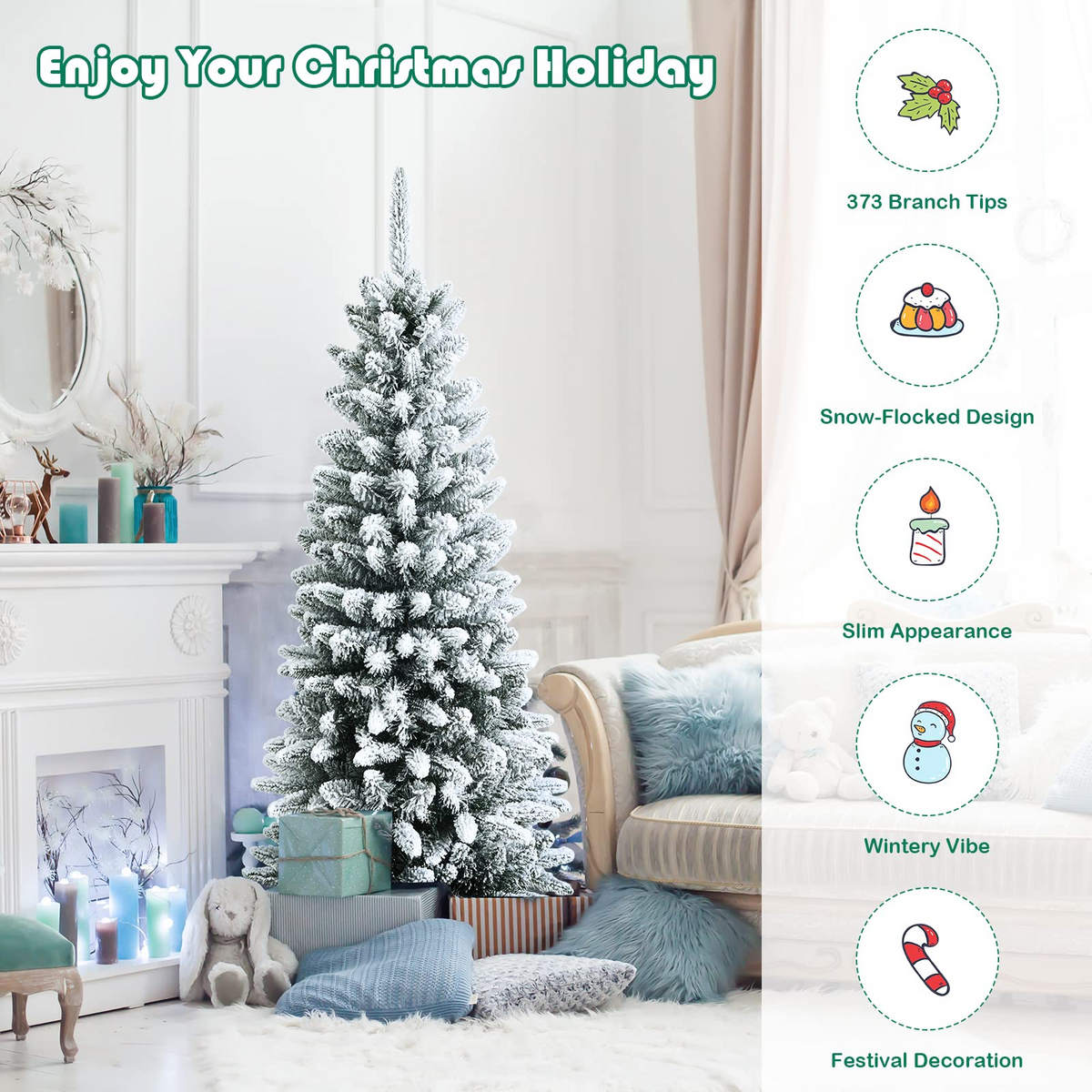 Lucktree Snow Flocked Pencil Christmas Tree, Hinged Artificial Slim Xmas Tree - LucktreeUS