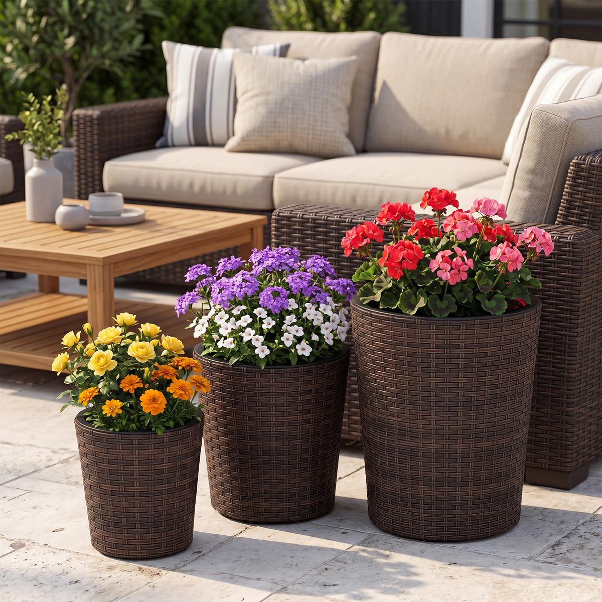 Lucktree Set of 3 Plastic Planters | 14 & 11 & 9 Inch Taper Rattan Planters with Drainage Holes and Saucers