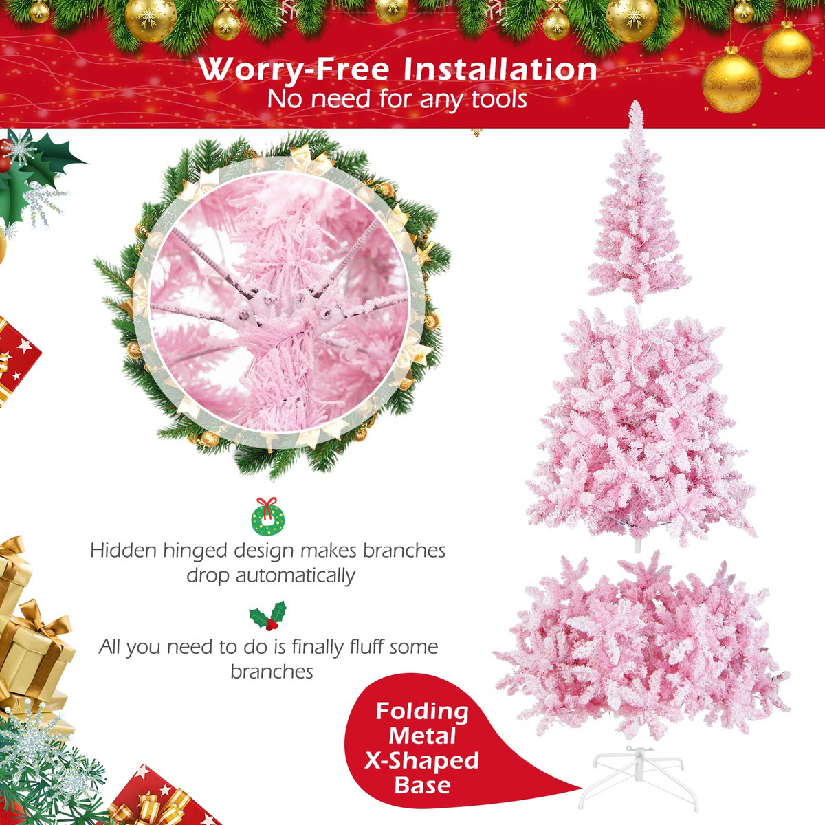 Lucktree 7.5ft Pink Pre-Lit Christmas Tree, Hinged Artificial Snow Flocked Xmas Tree with 1100 PVC Branch Tips, 450 LED Lights - LucktreeUS