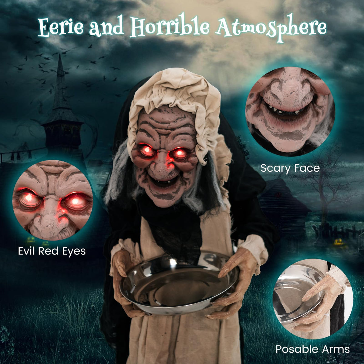 Lucktree 5.2FT Halloween Animated Standing Greeter Old Lady with Candy Dish