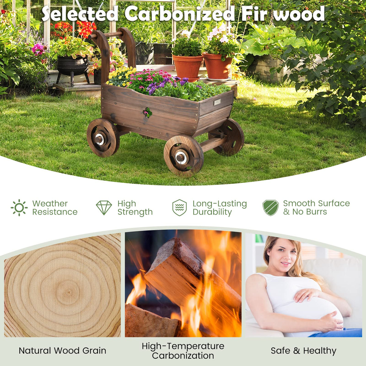 Lucktree Wooden Wagon Planter Raised Bed on Wheels, Handle, Drainage Hole