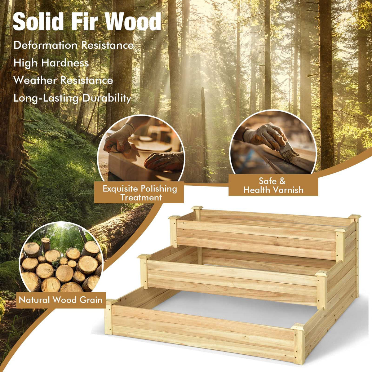Lucktree 3 Tier Raised Garden Bed, Wood Planter Box 48 x 48 x 22 Inch Vegetable Flower Herb Fruit Growing Bed Kit