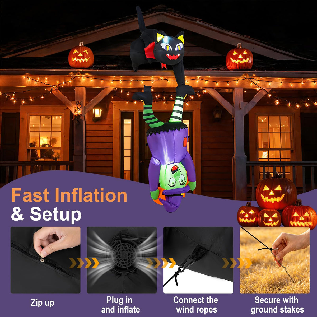 6.2 FT/190 CM Halloween Hanging Inflatable Witch & Black Cat