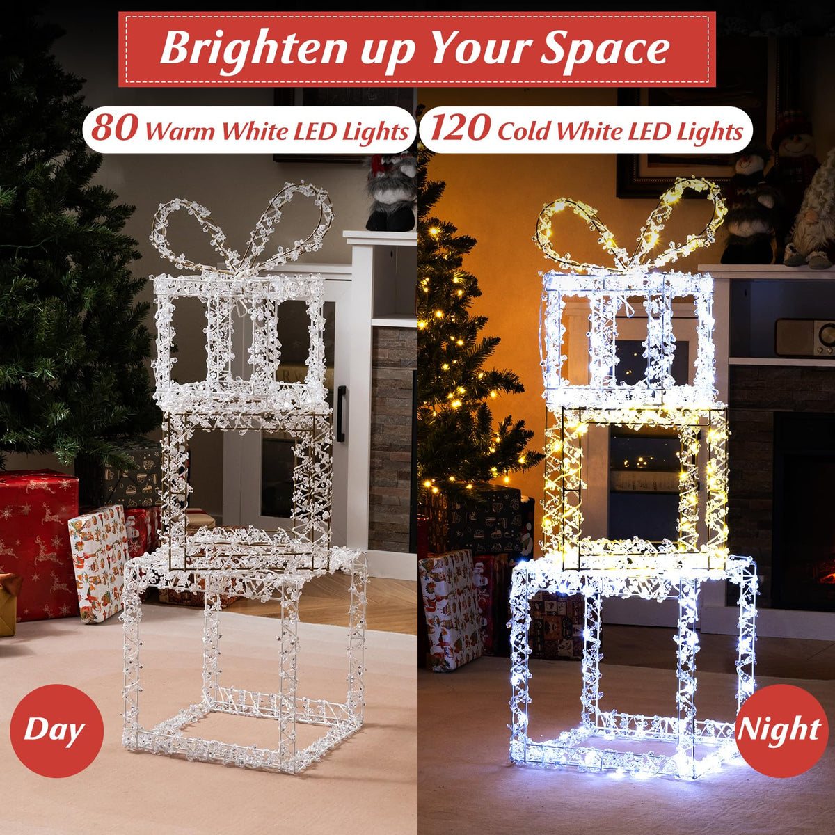 Lucktree Stacked Lighted Gift Boxes Set of 3 Pre-Lit Christmas Present Box Lights