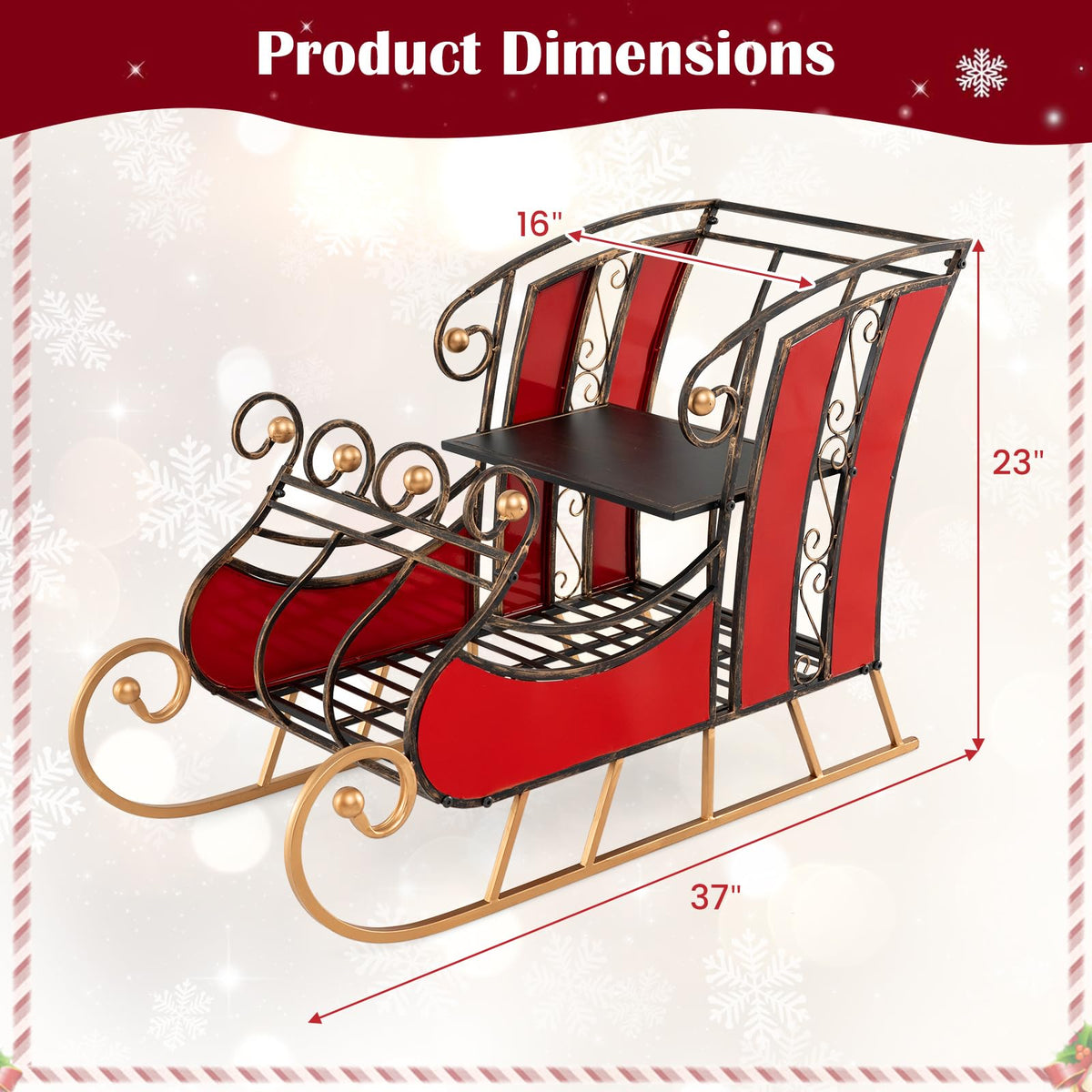 Lucktree Metal Christmas Santa Sleigh Basket, Xmas Festival Holiday Decorative Santa’s Sleigh with 2-Tier Storage Shelf