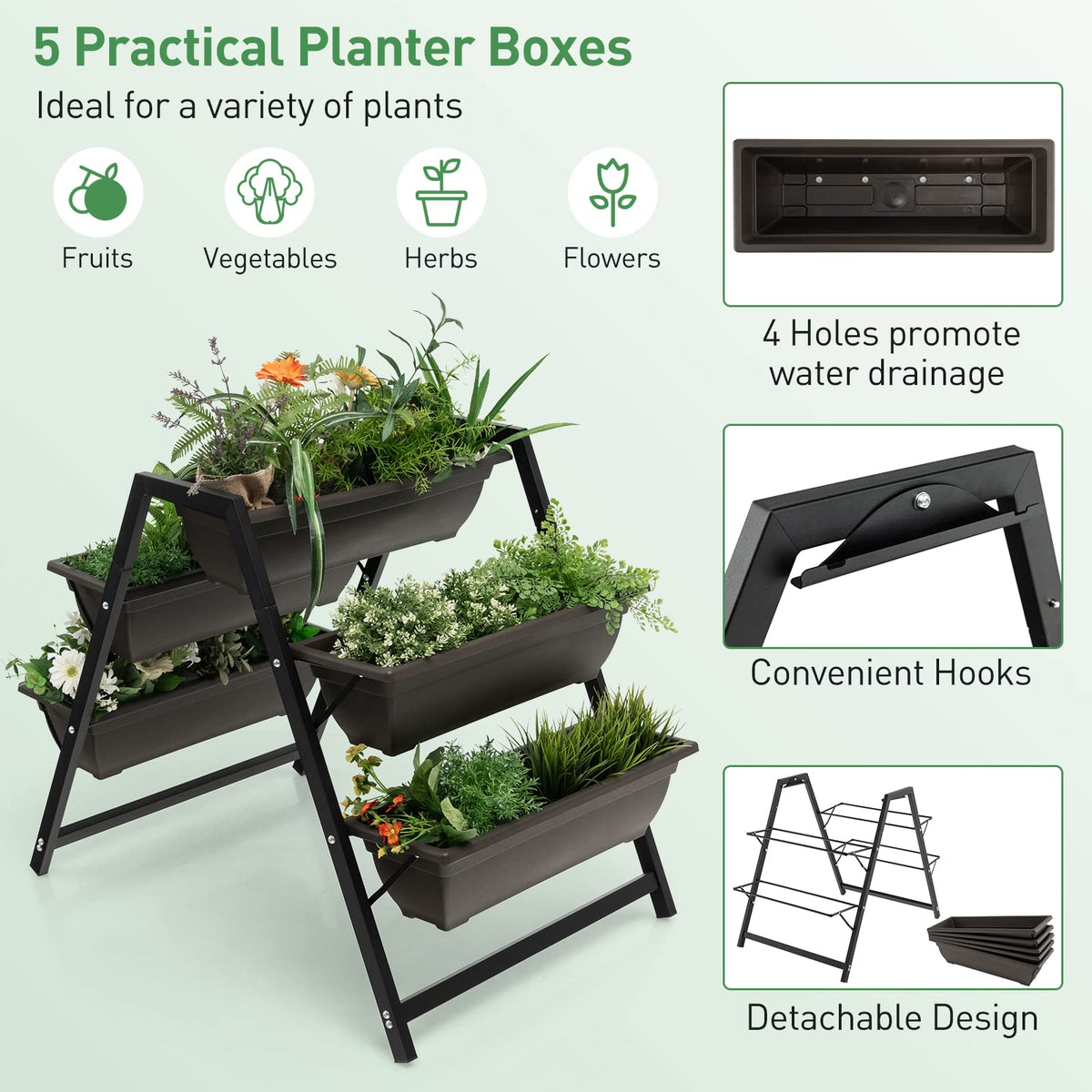 Lucktree Set of 2 Vertical Raised Garden Bed, 5 Planter Boxes Container w/ Drainage Holes