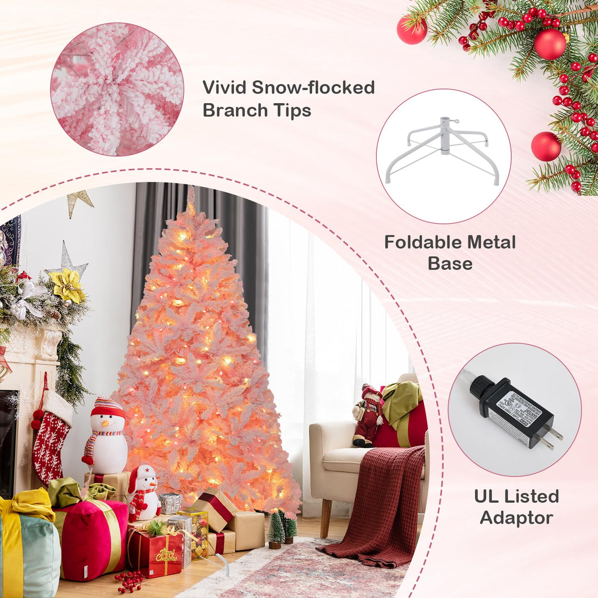 Lucktree 6FT Pink Pre-lit Christmas Tree, Hinged Snow Flocked Artificial Xmas Tree, Seasonal Holiday Decoration for Office Home