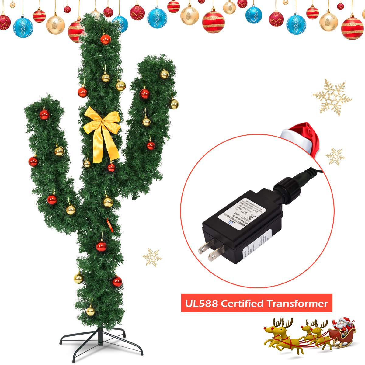 Lucktree Pre-Lit Artificial Cactus Christmas Tree with LED Lights and Ball Ornaments - LucktreeUS
