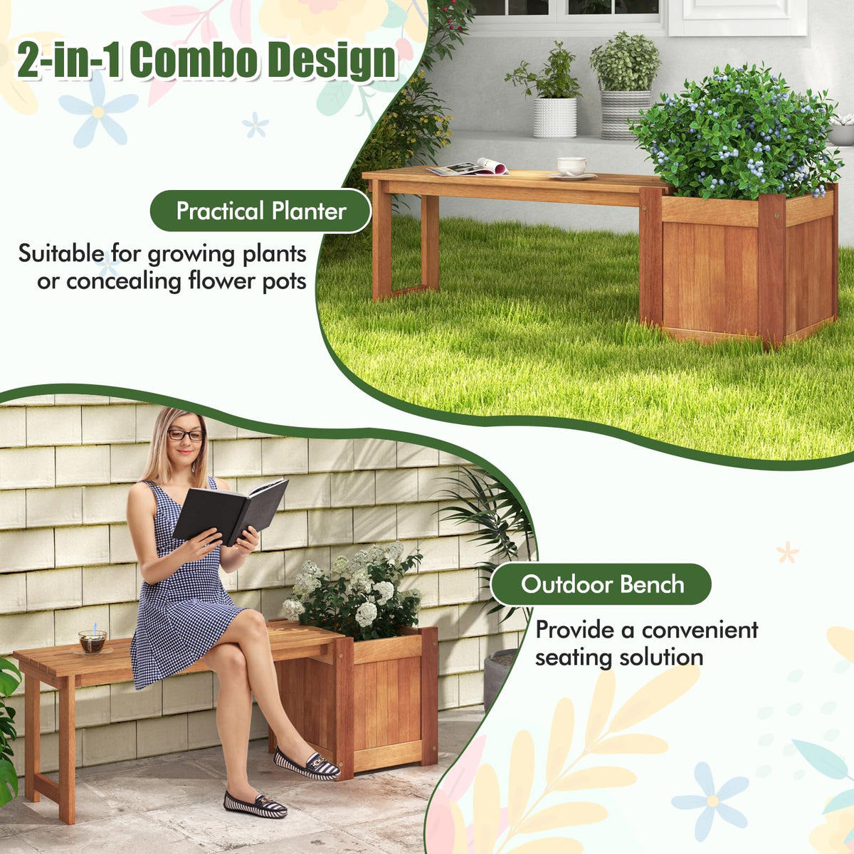 Lucktree Outdoor Bench with Raised Garden Bed, Wood Seat with Teak Oil Finish, Planter Box with Open-Ended Base