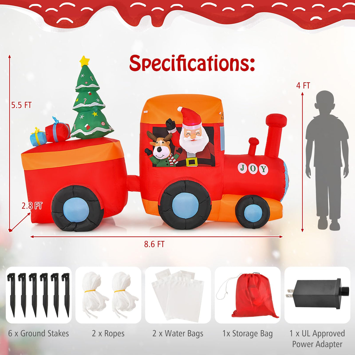 Lucktree 8.6 FT Lighted Christmas Inflatable Santa Claus on Train with Deer & Christmas Tree