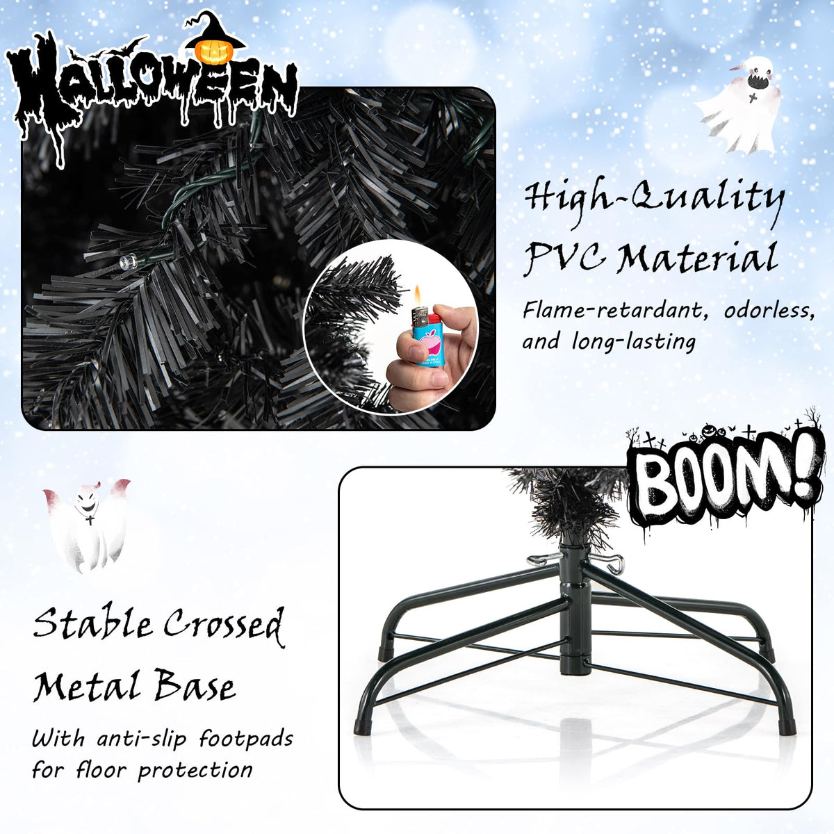 Lucktree 7 FT Artificial Halloween Tree, Pre-Lit Black Christmas Tree with Bendable Top Section