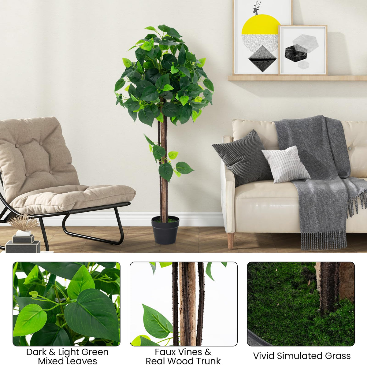 Lucktree 45" Artificial Hydrangea Tree, Tall Fake Potted Silk Tree with Real Wood Trunk