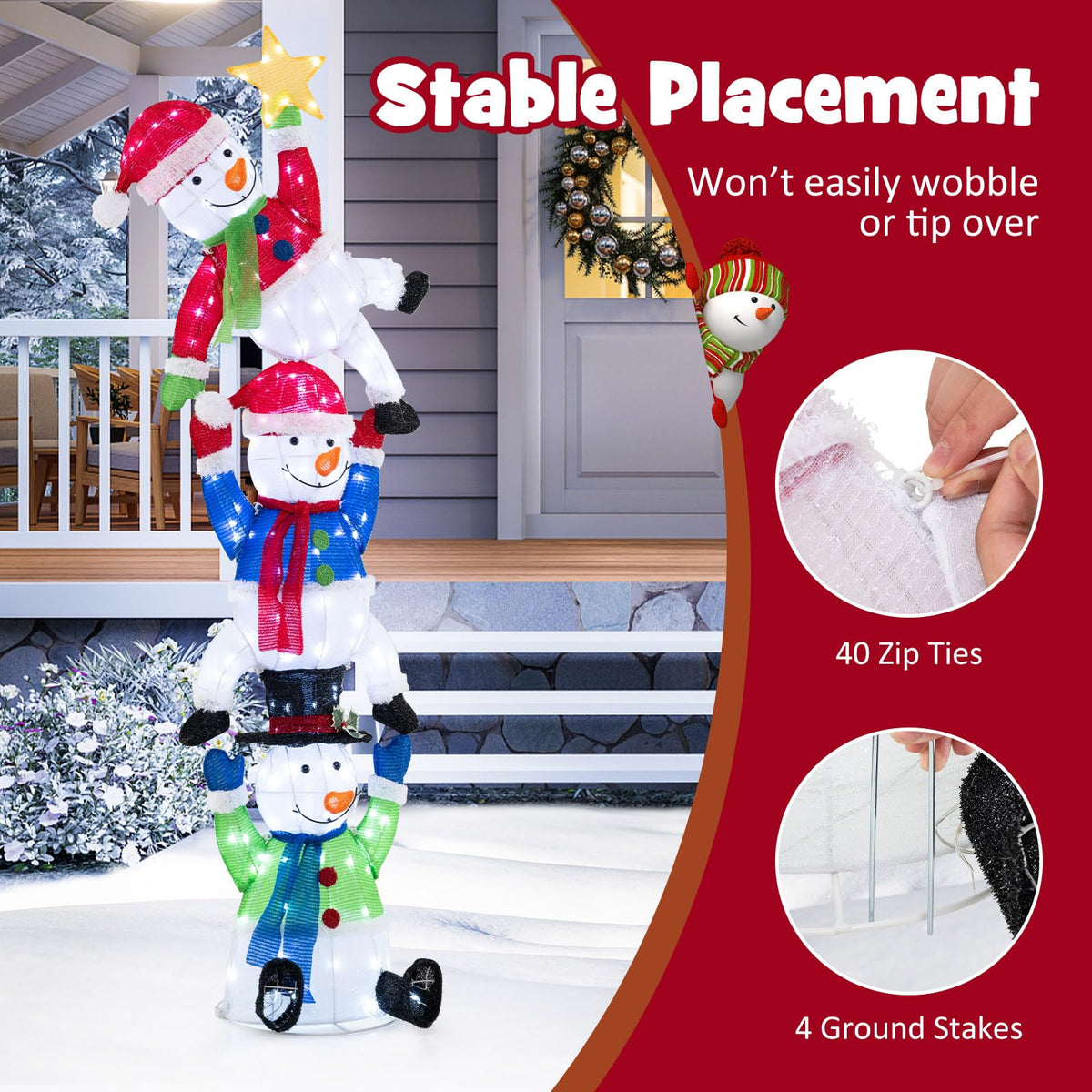 Lucktree 6 ft Christmas Stacked Snowman, 3D Pre-Lit Snowman Decoration w/ 155 LED Lights