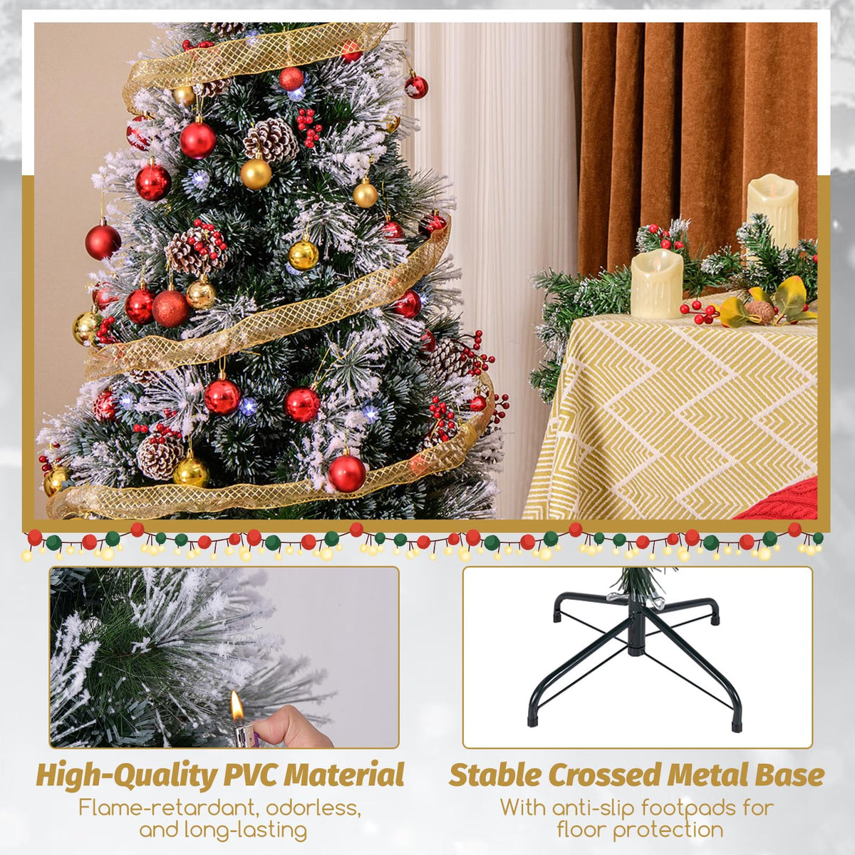 Lucktree Pre-lit Fiber Optic Christmas Tree, Artificial Snowy Xmas Tree with 49 Cool White LED Lights