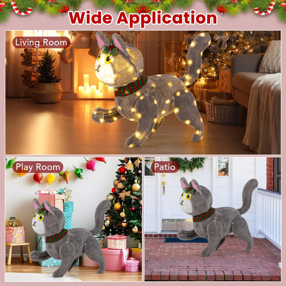 Lucktree Lighted Christmas Cat, Indoor Outdoor Kitty Decoration w/ 88 LED Lights