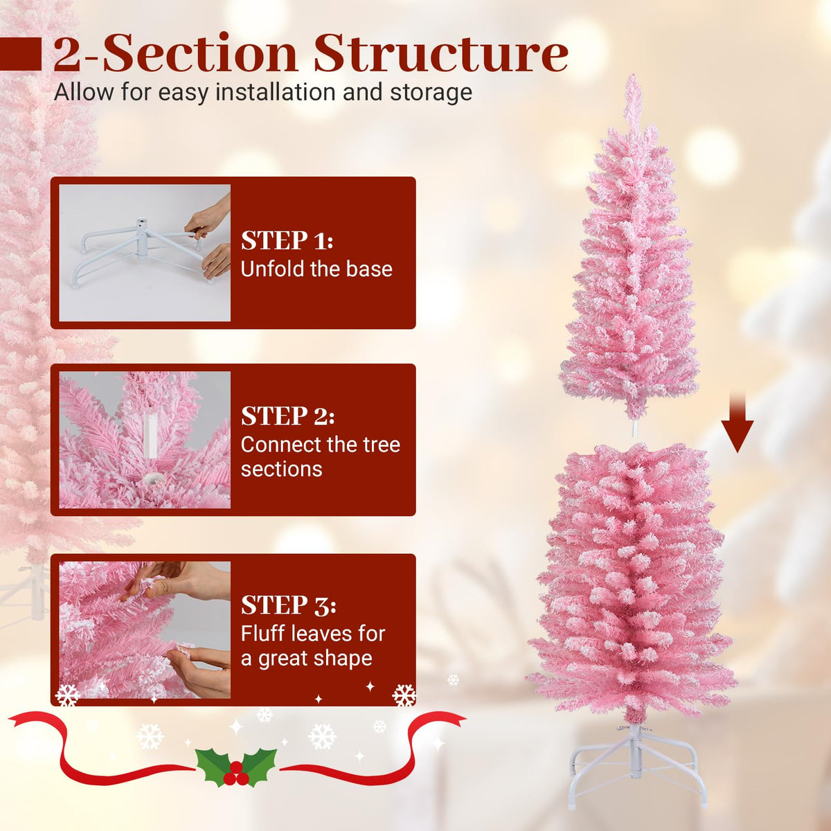 Lucktree 5ft / 6ft Pink Slim Pencil Christmas Tree | Snow Flocked Skinny Xmas Full Tree