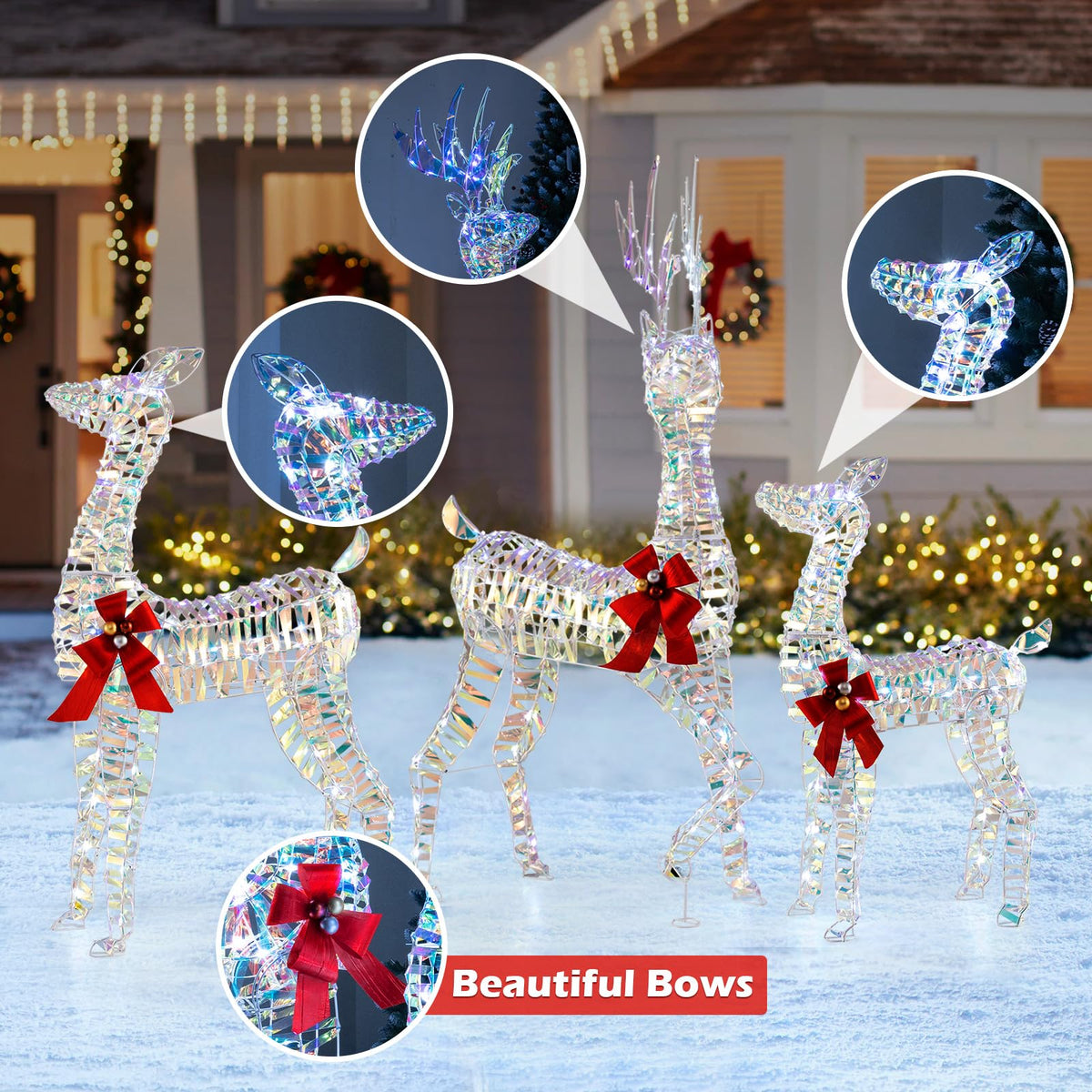 Lucktree 3-Piece Large Lighted Christmas Reindeer Family, Light up Xmas Decorations w/LED Lights & Bows