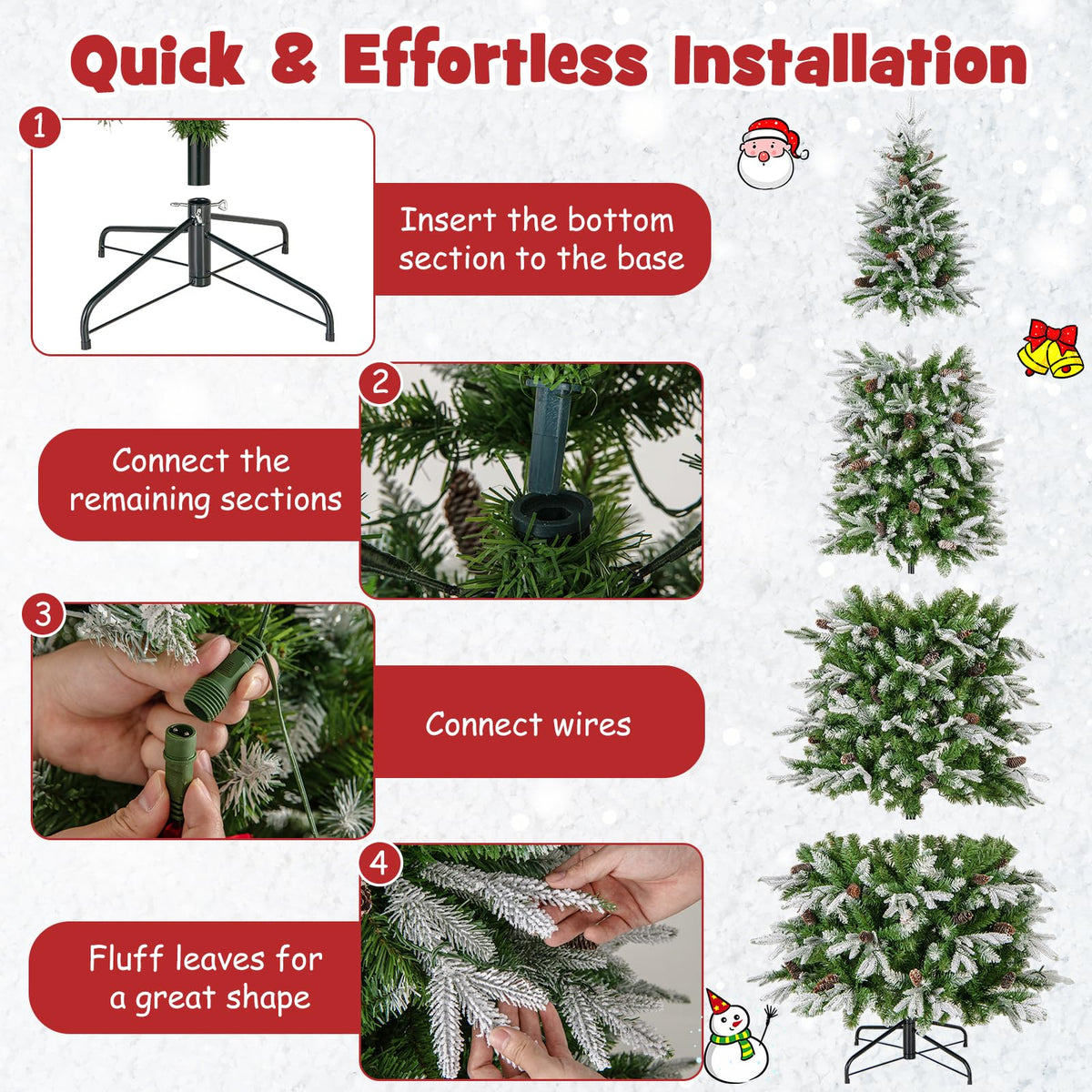 Lucktree 9 FT Pre-Lit Pencil Christmas Tree, Artificial Snow Flocked Hinged Fake Slim Xmas Tree with 470 Warm-White LED Lights
