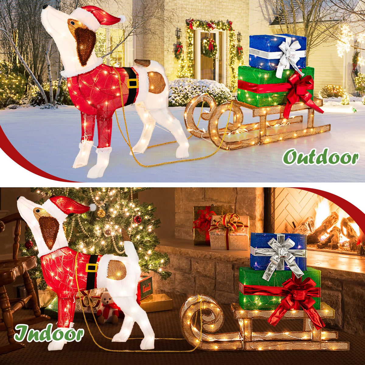 Lucktree Lighted Christmas Dog with Sleigh & Gift Boxes Combo Decorations