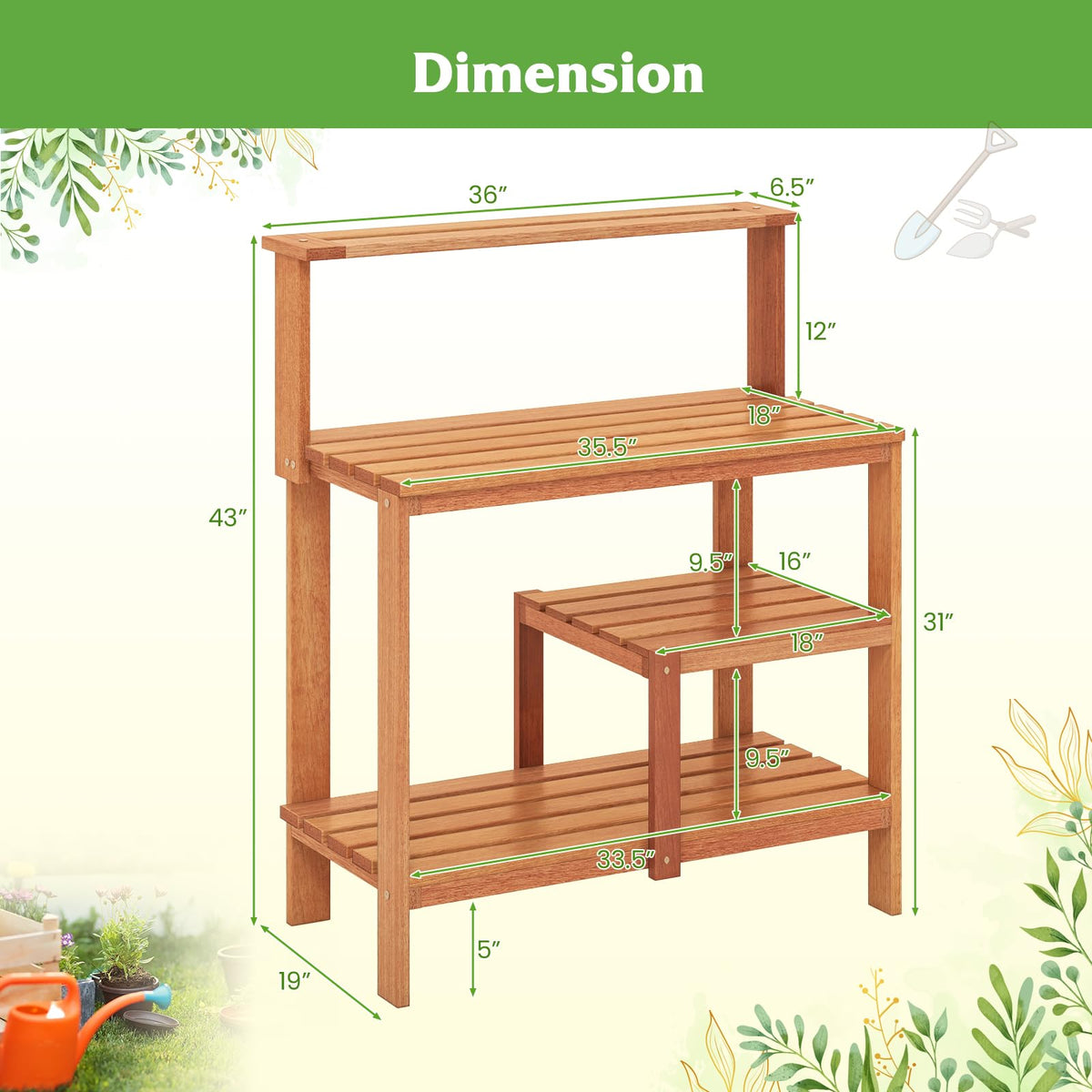 Lucktree 4-Tier Potting Bench, Solid Wood Gardening Workstation w/Open Storage Shelves