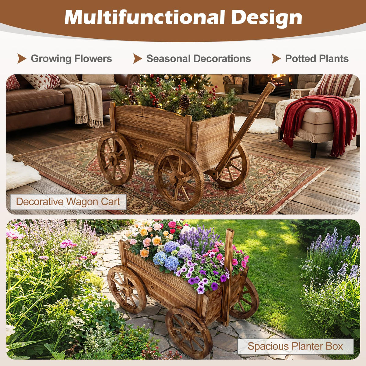 Lucktree Wood Wagon Planter Rustic Rolling Flower Pot Stand