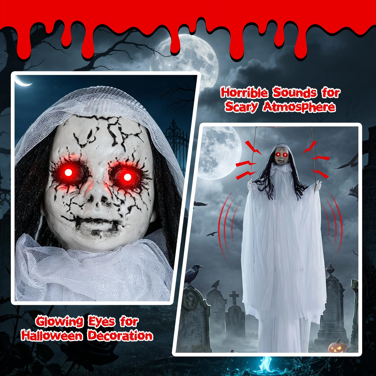 6.4 FT Halloween Animated Hanging Swinging Girl Creepy Doll