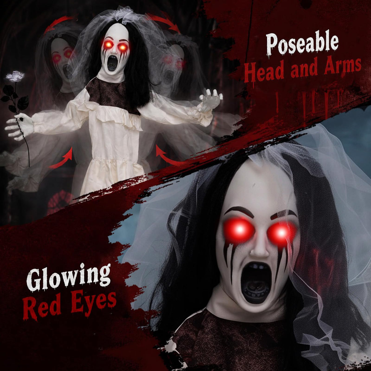 Lucktree 5.7 FT Halloween Standing Animatronics Ghost Bride with Flower