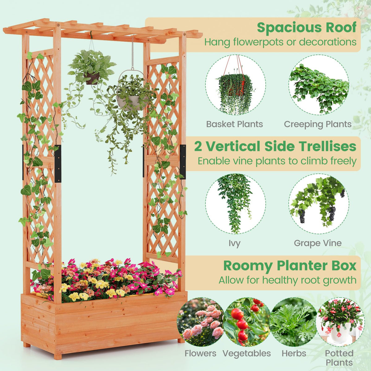 Lucktree Raised Garden Bed with 2-Sided Trellis & Hanging Roof
