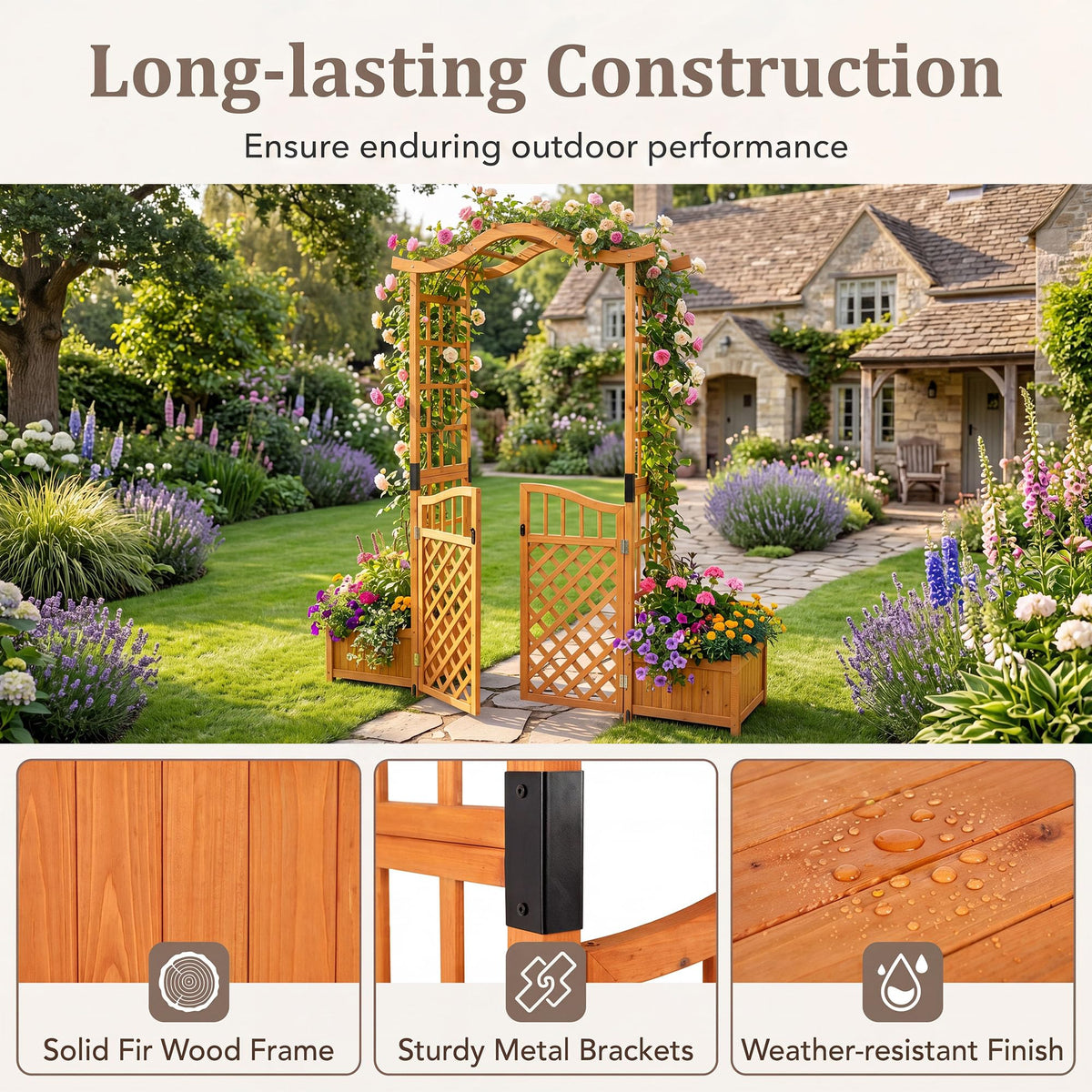 Lucktree 83" Wooden Garden Arbor with Gate and 2 Planter Boxes