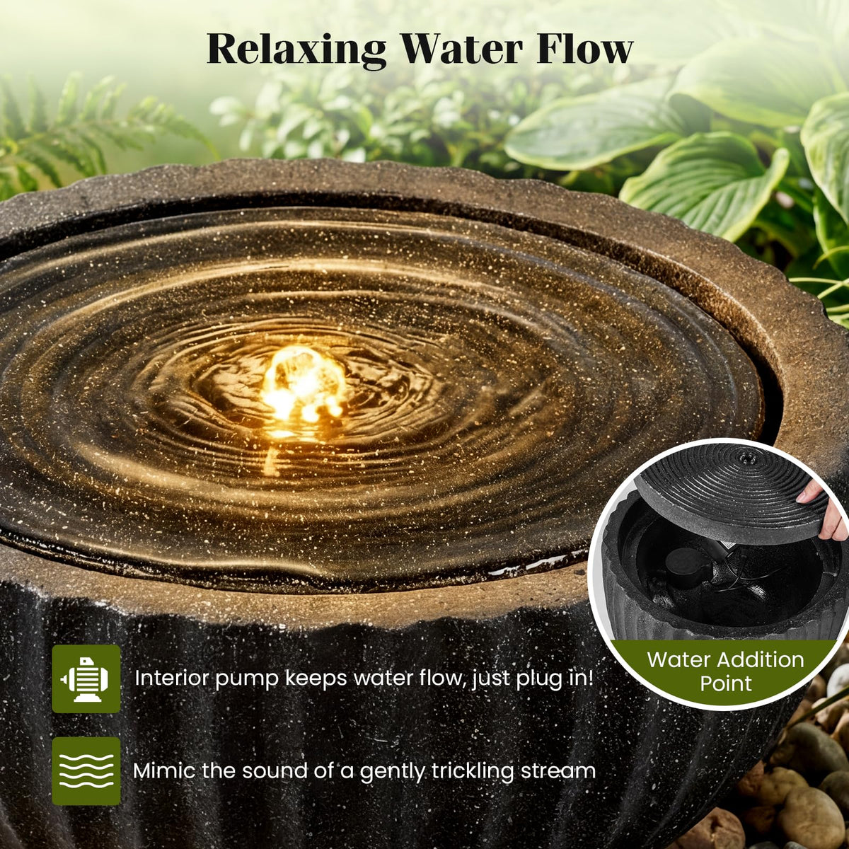 Lucktree 17.5"/18" Round Outdoor Water Fountain with 6 LED Lights