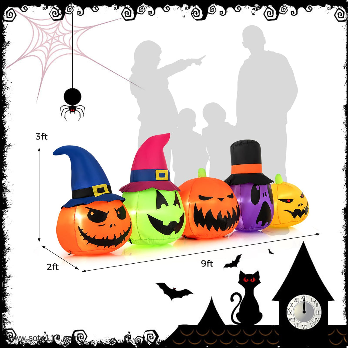 Lucktree 9 FT Inflatable Halloween Pumpkin Patch Family, Blow up Yard Decoration with Built-in LED Lights and Witch Hats