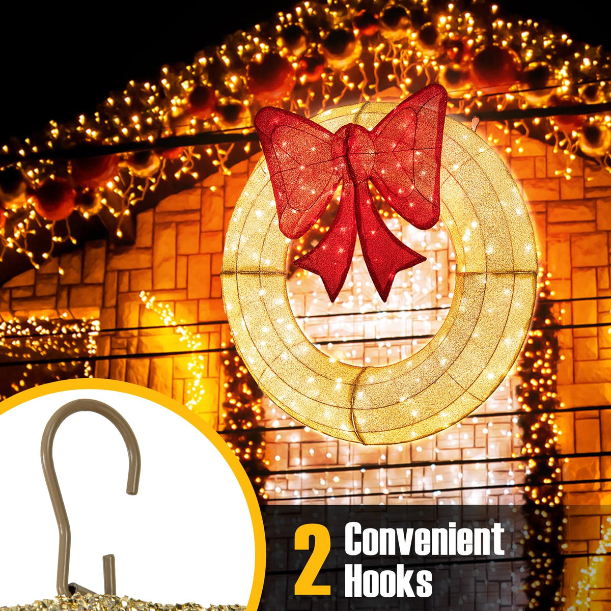 Lucktree 48 Inch Pre-Lit Christmas Wreath, Indoor/Outdoor Xmas Decoration with 200 LED Lights