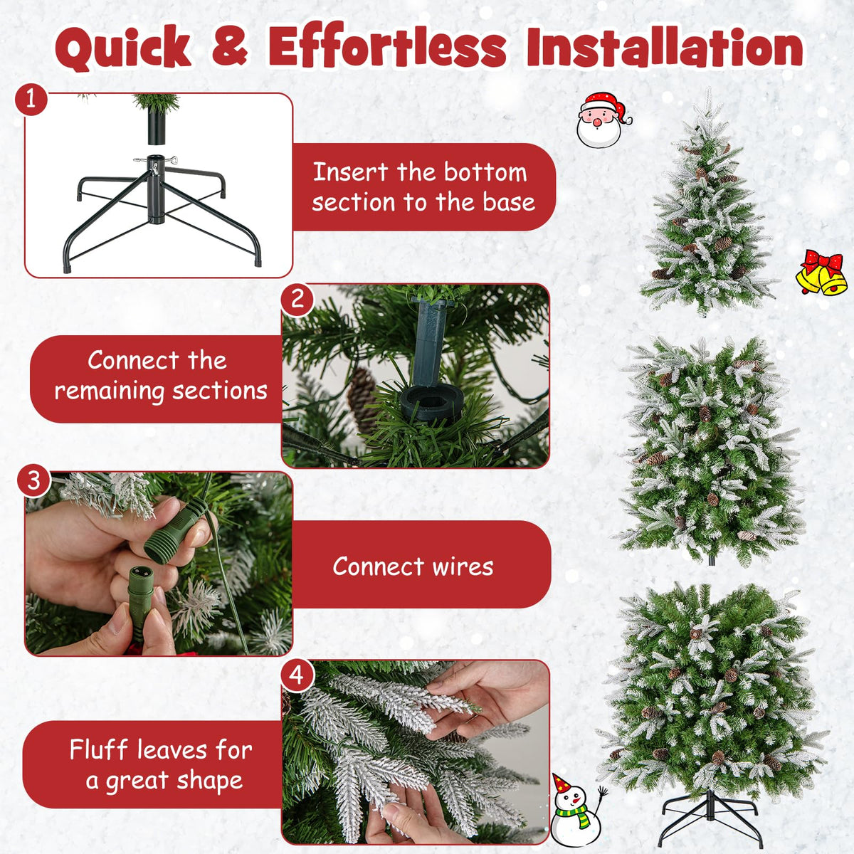 Lucktree 7.5 FT Pre-Lit Pencil Christmas Tree, Artificial Snow Flocked Hinged Fake Slim Xmas Tree with 350 Warm-White LED Lights