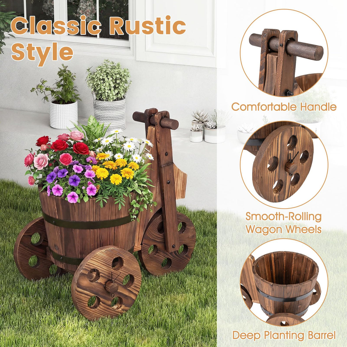 Lucktree Wooden Wagon Planter with Wheels Rustic Wood Plant Stand(Solid Wheel)