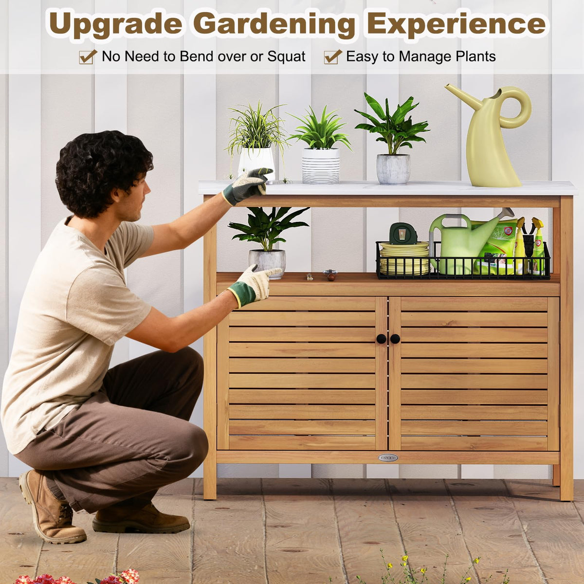 Lucktree Outdoor Potting Bench Acacia Wood Large Planting Workstation with 2-Door Storage Cabinet